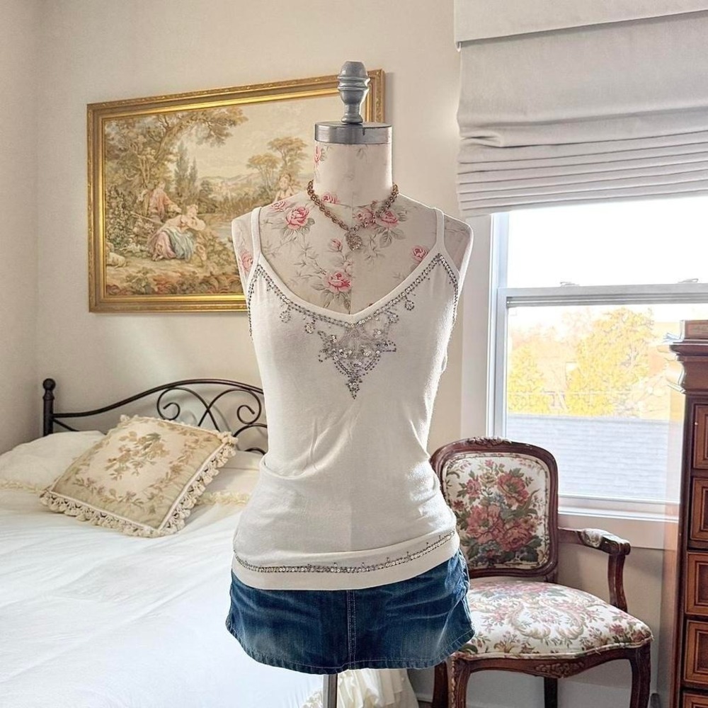 y2k white fairy tank y2k dmbm 100% silk embellished tank size large